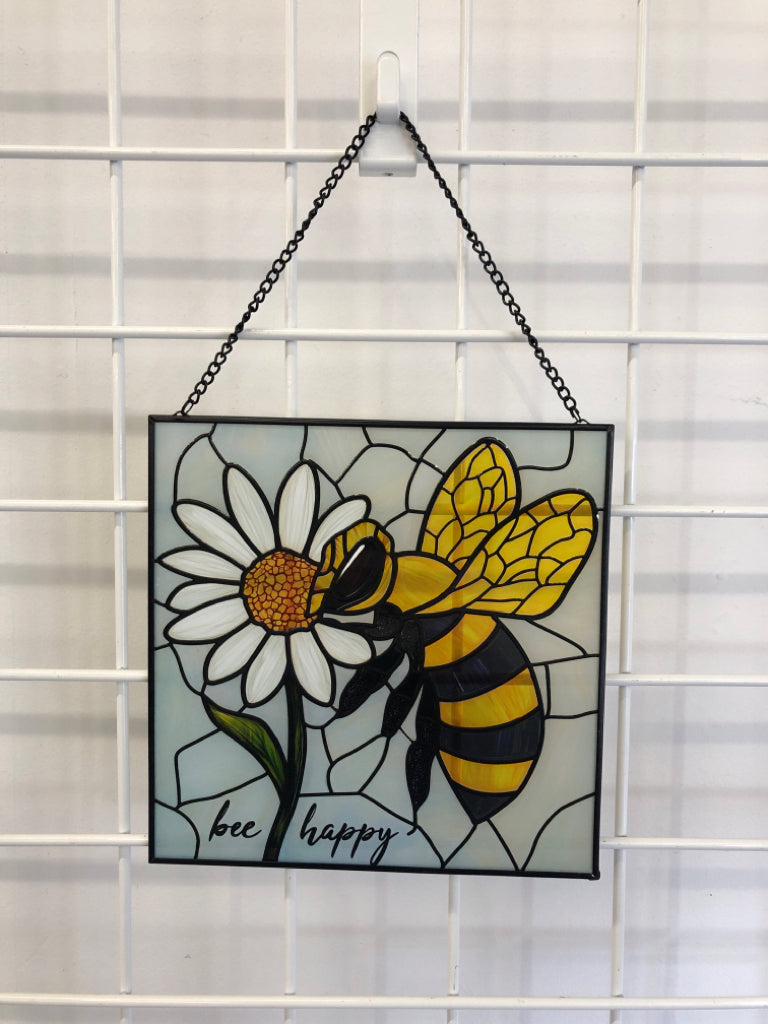 "BEE HAPPY" GLASS WALL HANGING.