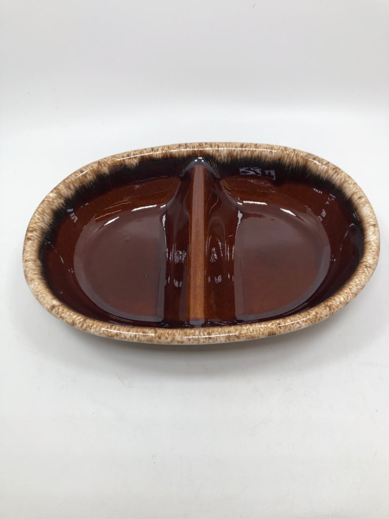 VTG DIVIDED BROWN DRIP GLAZE BOWL.