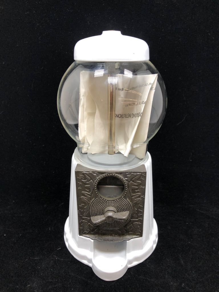 MINI WHITE GUMBALL MACHINE W/INSTRUCTIONS.