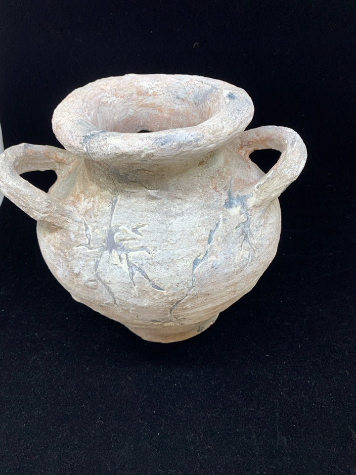 DISTRESSED HEAVY POTTERY PLANTER WITH HANDLES.