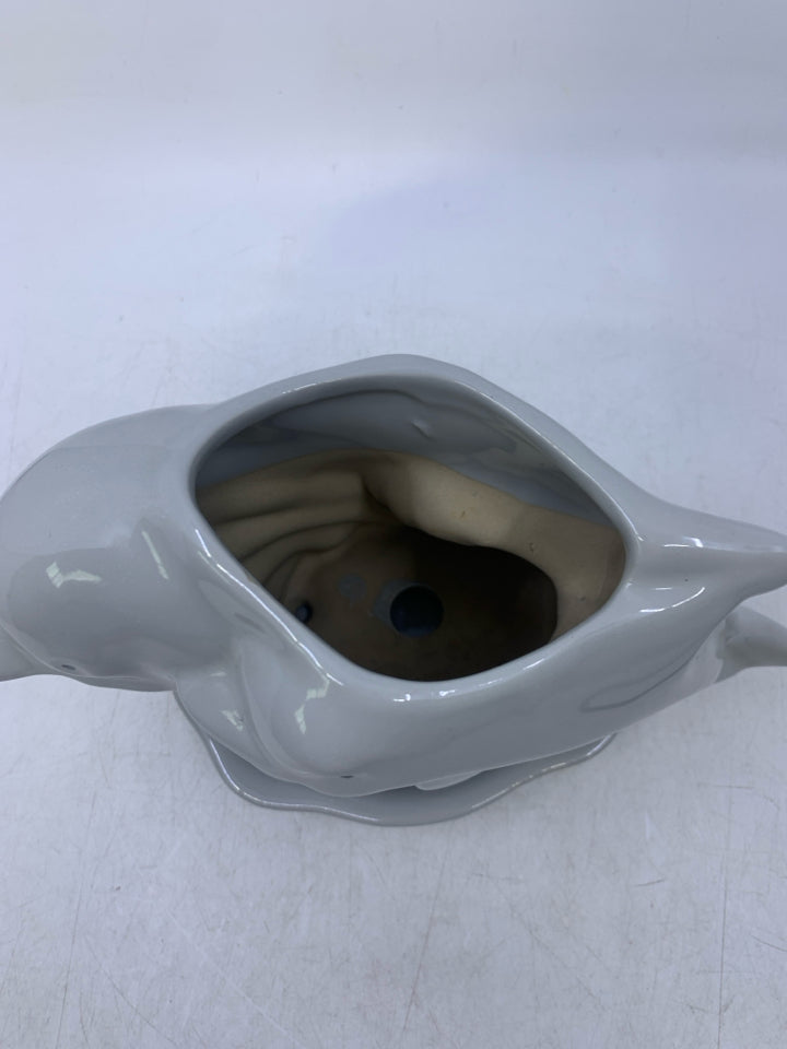 HEAVY GREY GLAZED DOUBLE DOLPHIN PLANTER.
