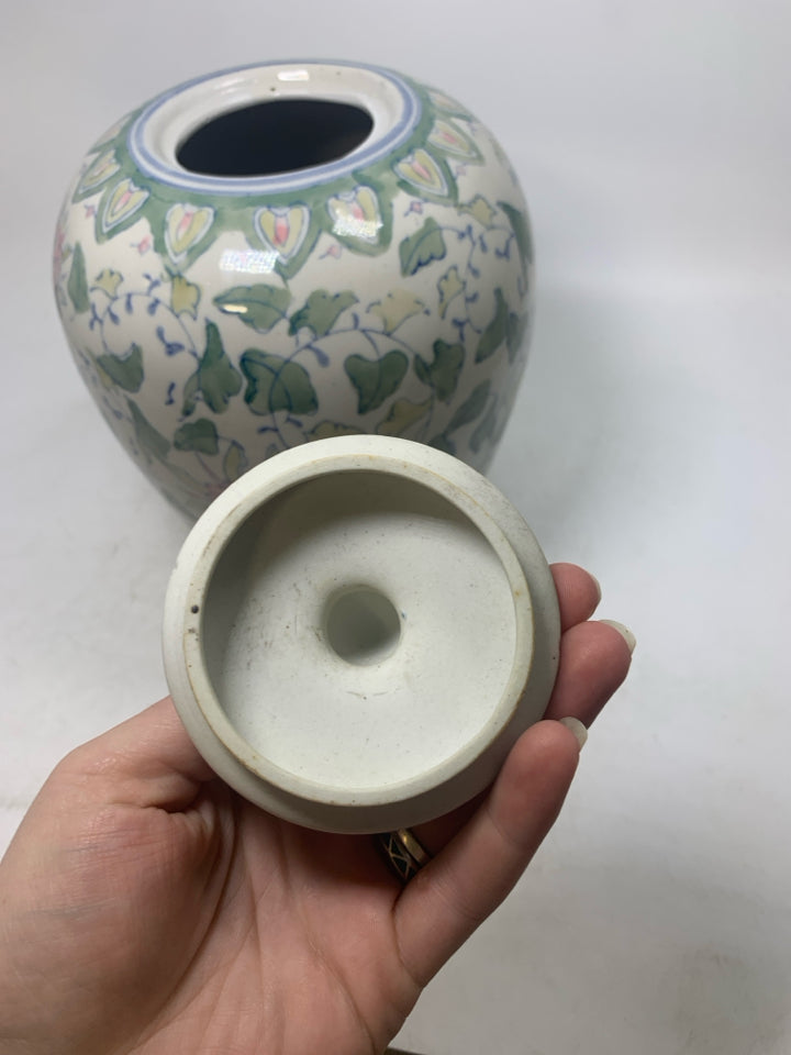 LARGE CERAMIC GINGER JAR W/ PINK FLOWERS GREEN LEAVES.