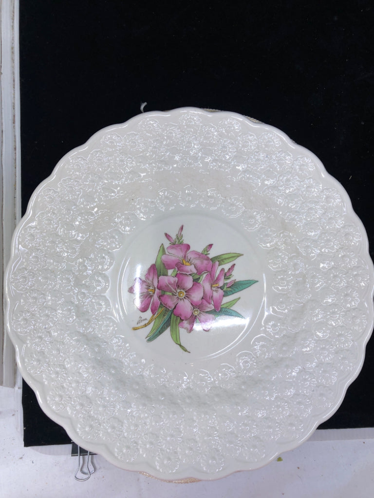 VTG 13 WHITE EMBOSSED FLORAL PLATES.