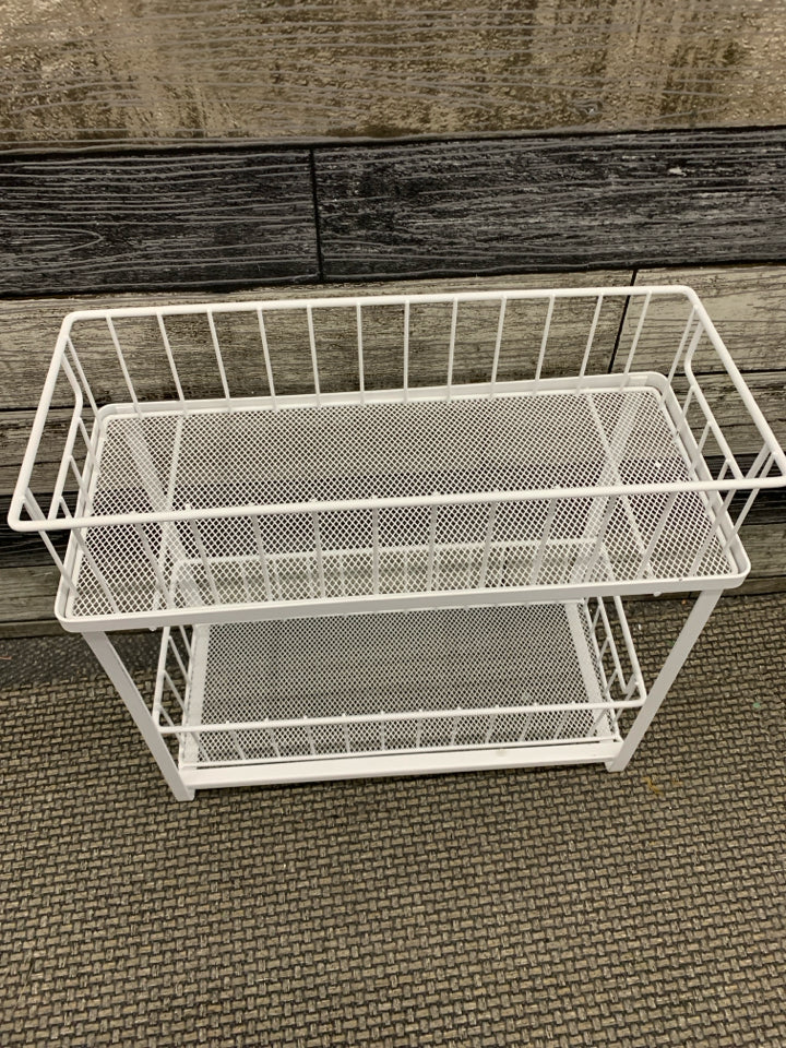 2 TIER WHITE METAL NARROW CABINET STORAGE SHELVES.