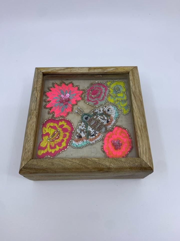 SMALL WOOD TRINKET BOX W BEADED BUTTERFLY.