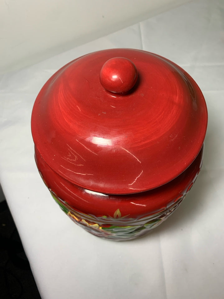 LARGE RED EMBOSSED SUNFLOWER COOKIE JAR.