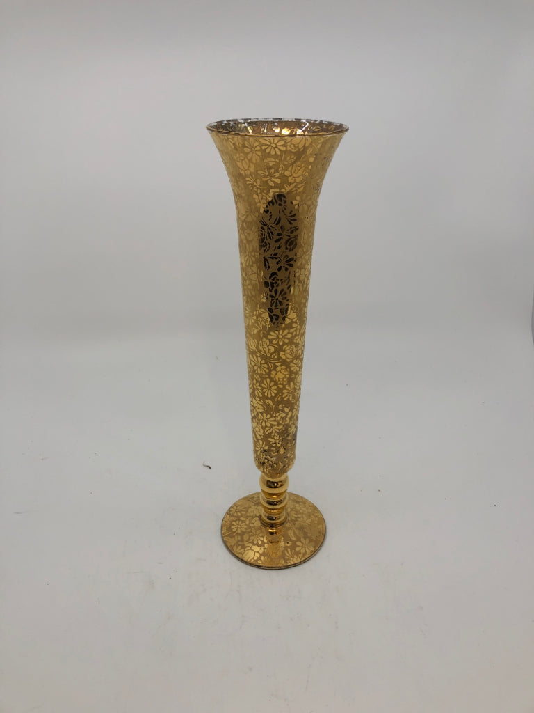 VTG GOLD FLORAL SKINNY BUD VASE.