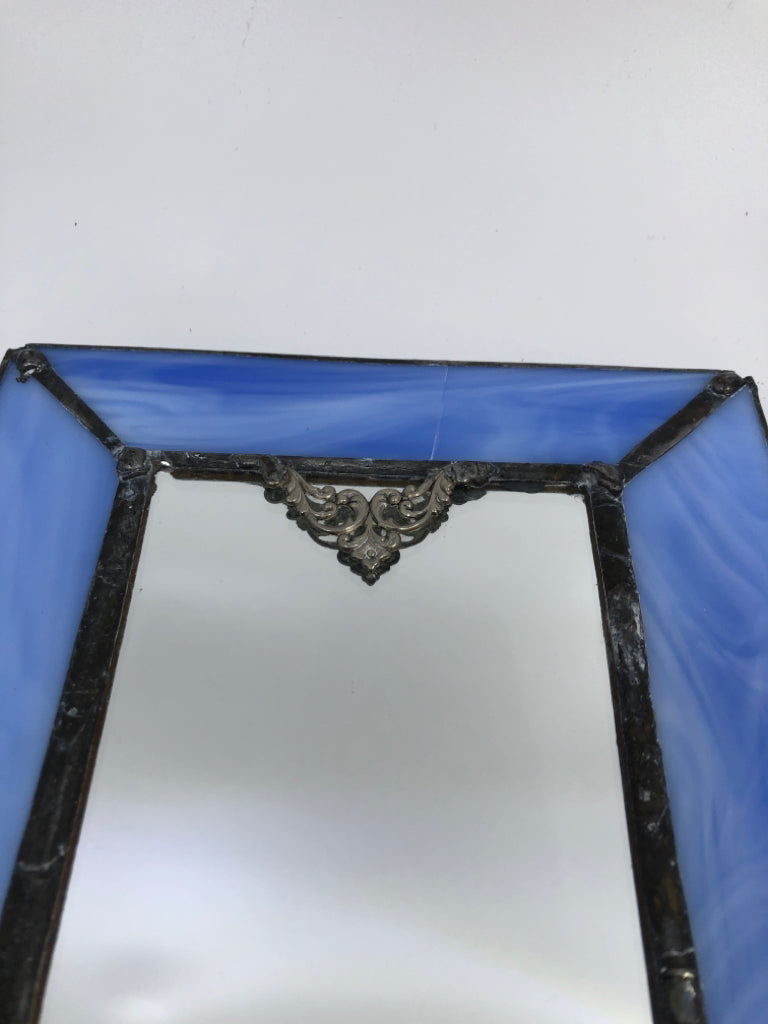 RECTANGULAR MIRROR W/LIGHT BLUE STAINED GLASS BORDER.