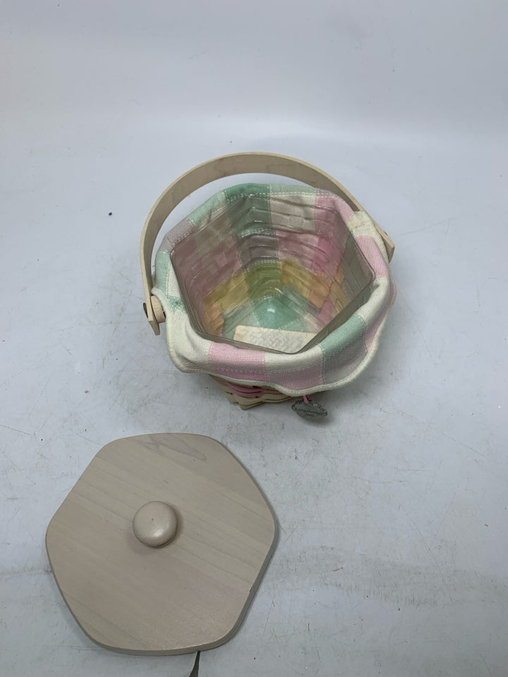 WHITE WASHED HORIZON OF HOPE BREAST CANCER HEXAGON BASKET W/ LINER INSERT TIE ON