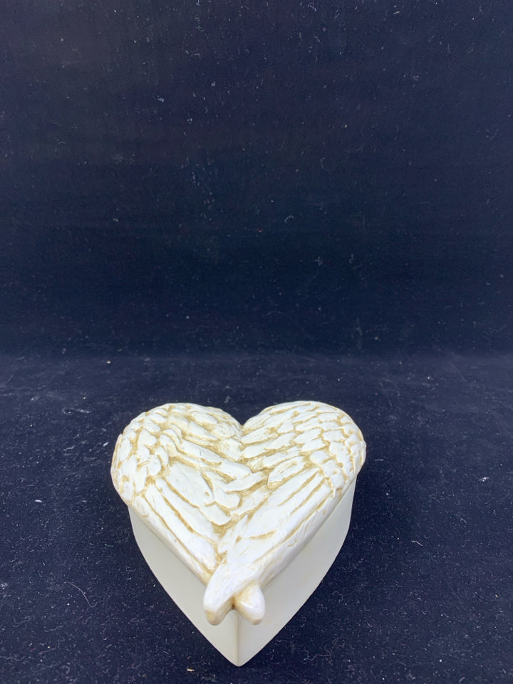 WHITE TRINKET BOX HEART SHAPE W ANGLE WINGS LID.