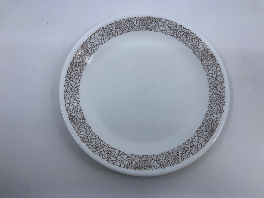 4 BROWN FLORAL PATTERN CORELLE DINNER PLATES.