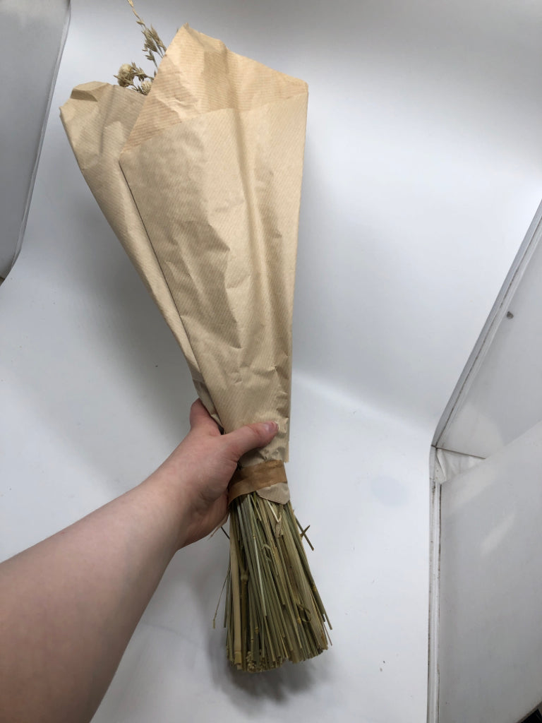FAUX TAN WILDFLOWER BOUQUET WRAPPED IN PAPER.
