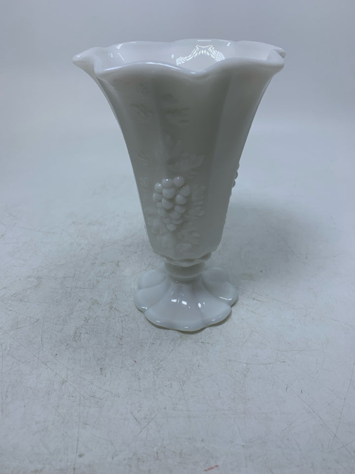 FOOTED GLASS VASE W/ EMBOSSED GRAPES.
