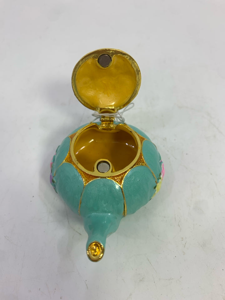 TEAL TEAPOT BEJEWELED TRINKET BOX.