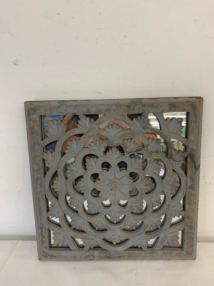 GREY WOOD SCROLL OVER MIRROR WALL HANGING.