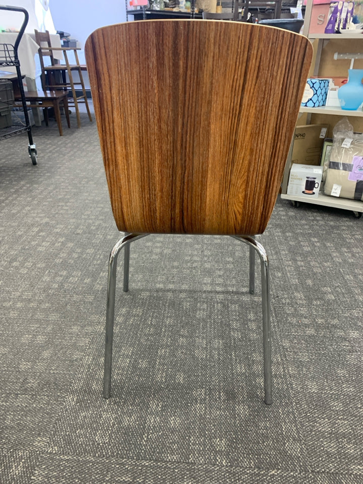 LAMINATE WOOD DESK CHAIR W/ SILVER LEGS.