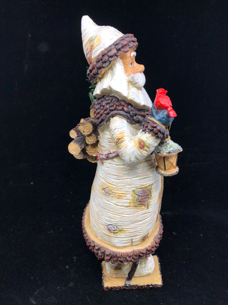 WOOD SANTA W CARDINAL LANTERN AND BIRDHOUSE.