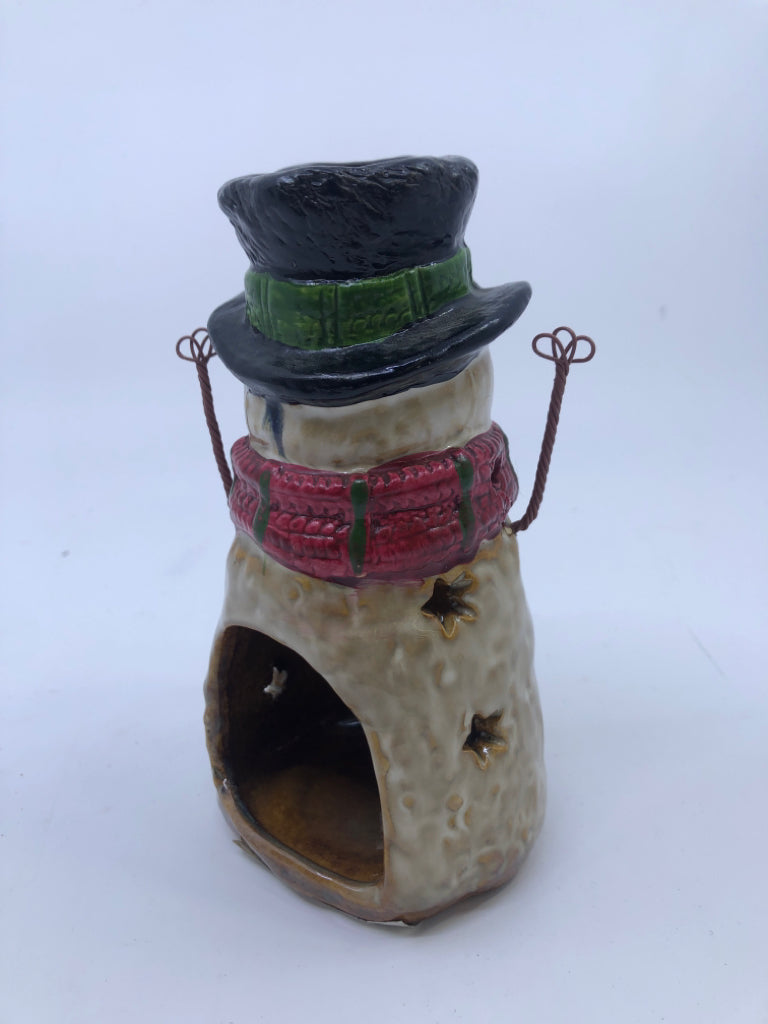 BROWN TEXTURED SNOWMAN TEA LIGHT HOLDER W RED SCARF.