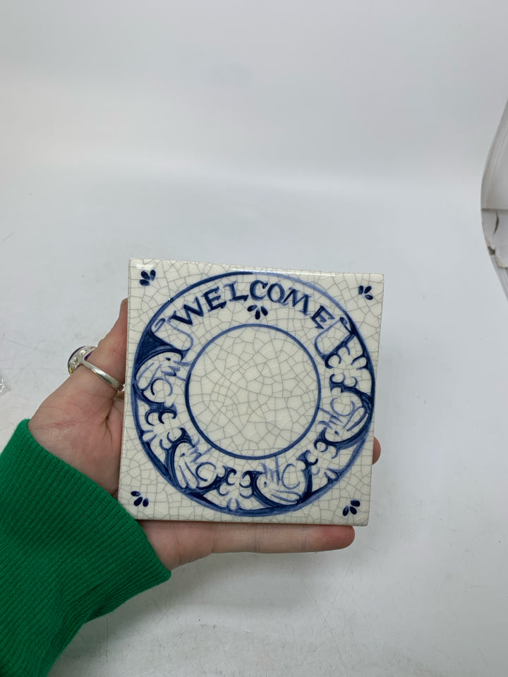 VTG SMALL TILE CRACKLE WELCOME W/ RABBITS DEDHAM POTTERY.