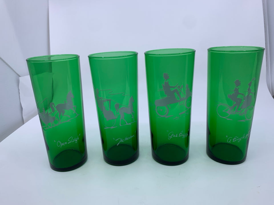 4 VTG GREEN GLASS WATER/ TALL COCKTAIL GLASSES.