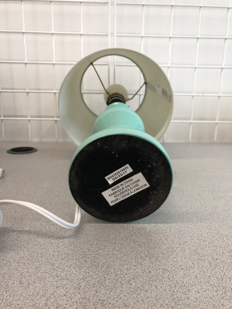 TEAL LAMP W/WHITE SHADE.