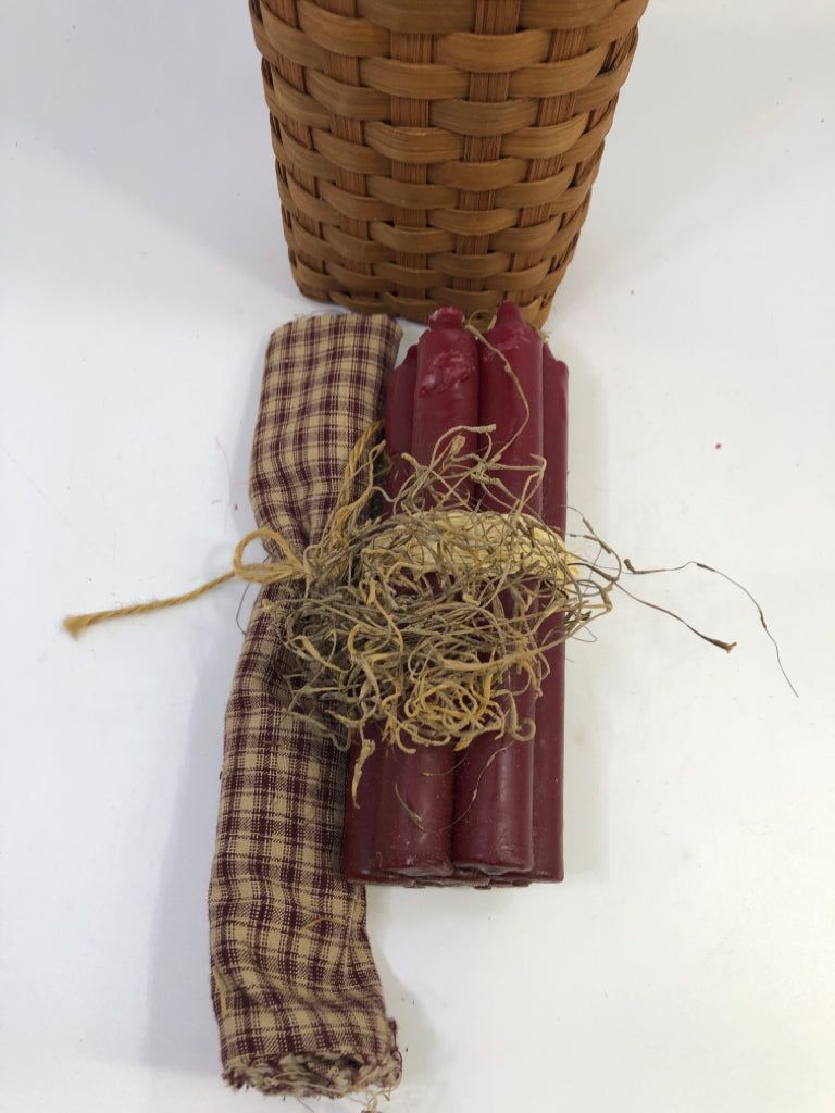 TALL BASKET W/ HANDLE, 6 RED CANDLES & NAPKIN.
