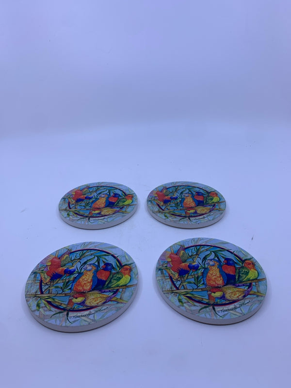 4 ROUND POTTERY COASTERS BIRDS.