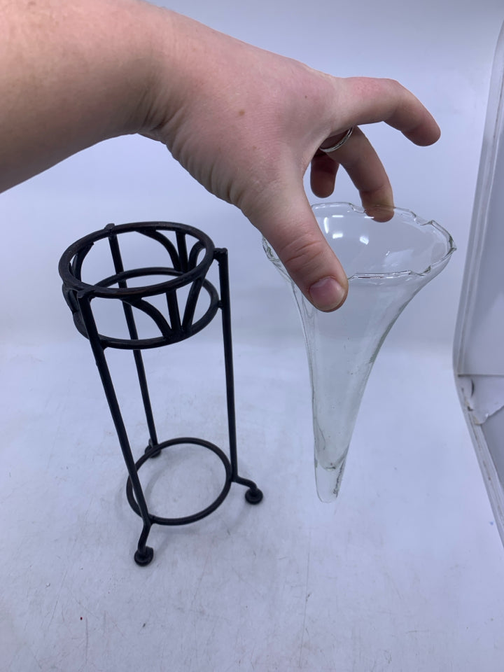 METAL STAND W/ GLASS VASE INSERT.