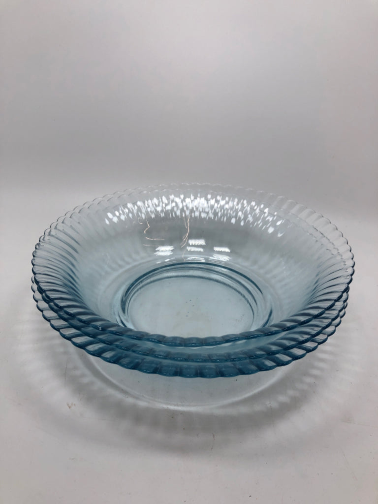 3 LT BLUE GLASS BOWLS W/RUFFLED EDGE.