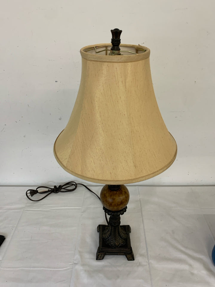 DARK MARBLE URN SCROLL LAMP W TAN SHADE.