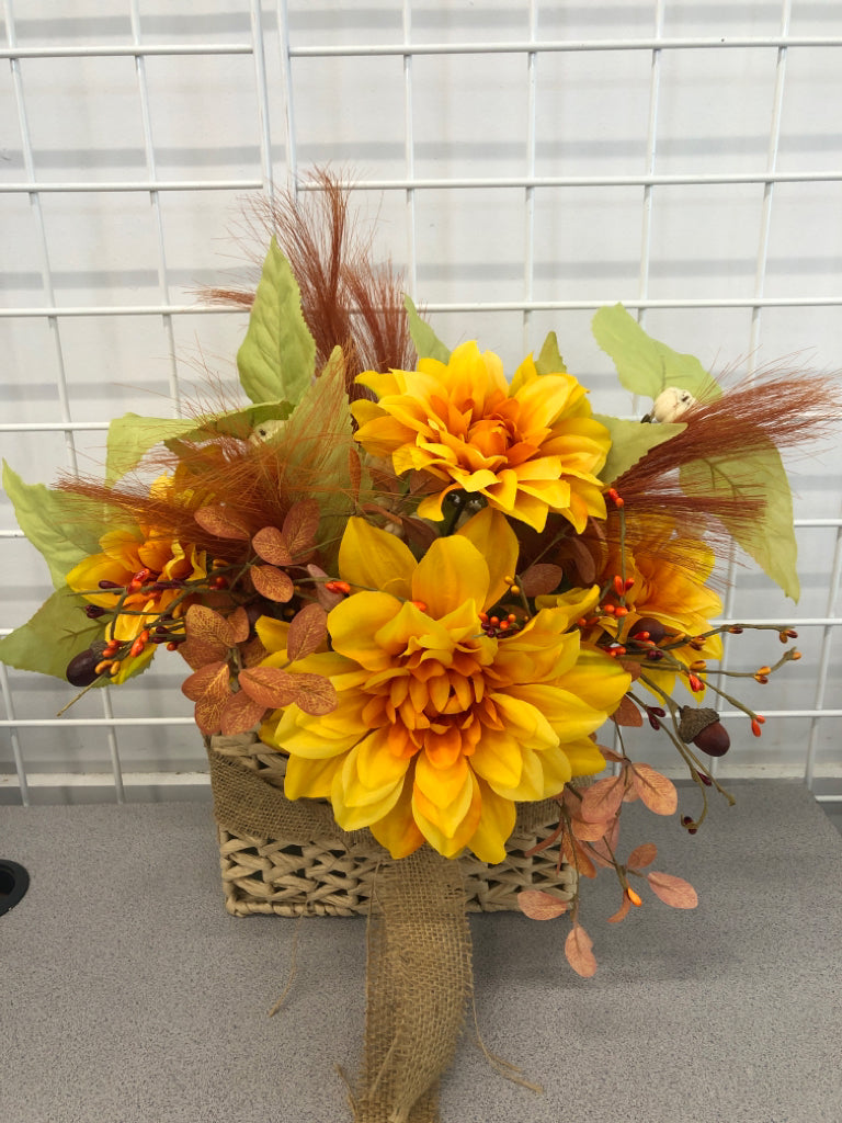 FAUX YELLOW BOUQUET IN WICKER BASKET WALL POCKET.