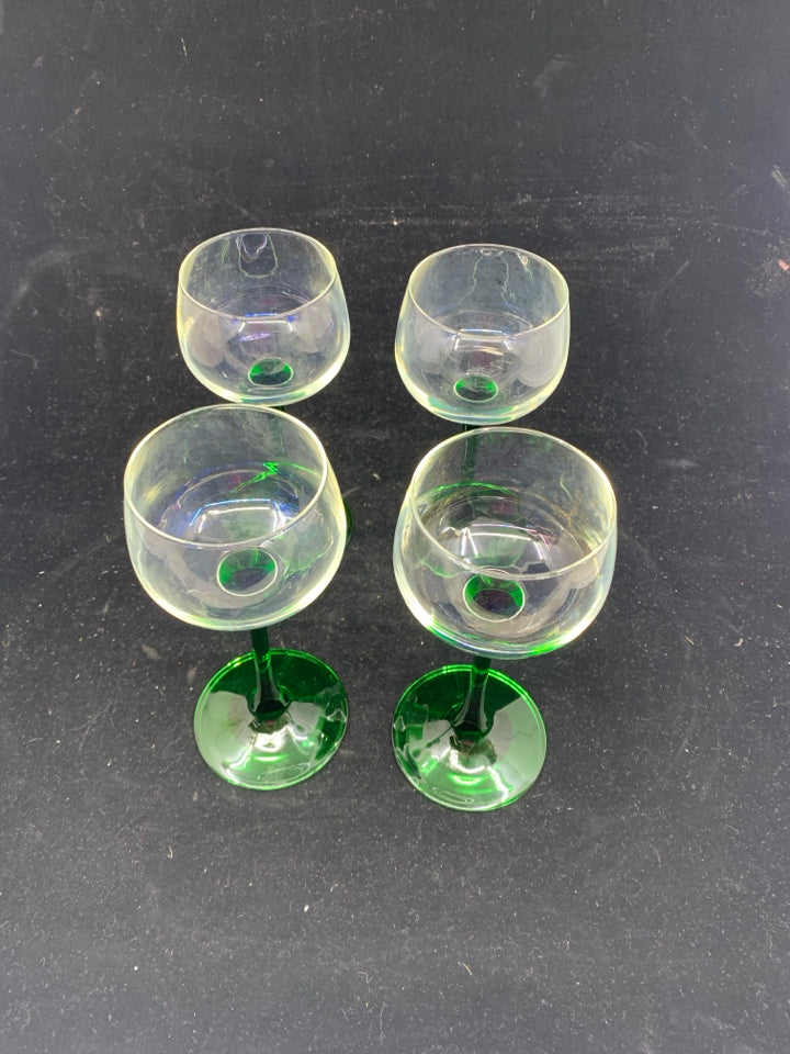 4 GREEN STEM WINE GLASSES.