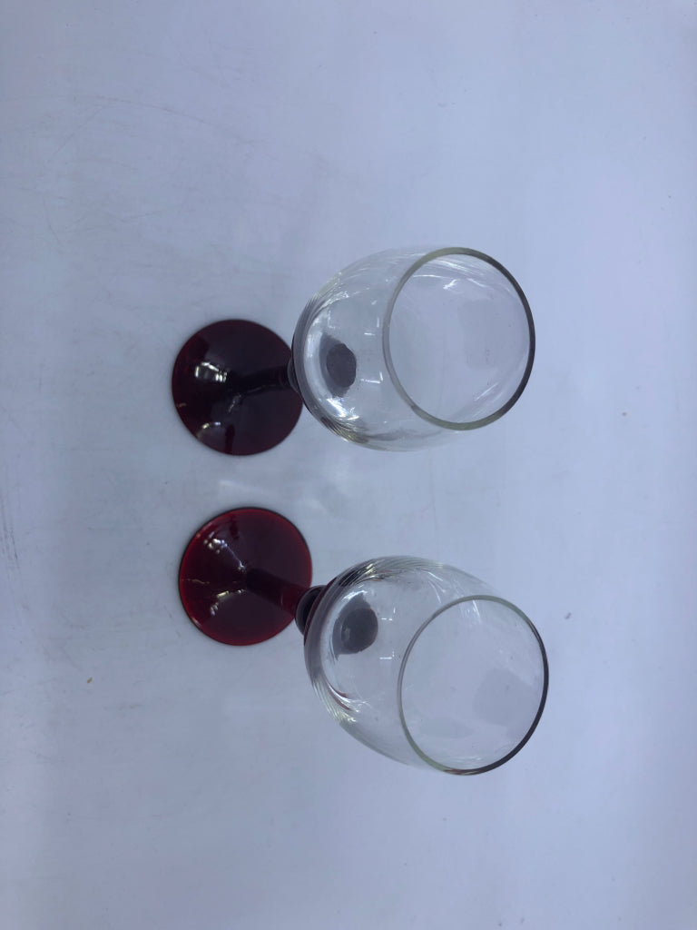 2 VTG RED STEMED SMALL CORDIAL GLASSES.