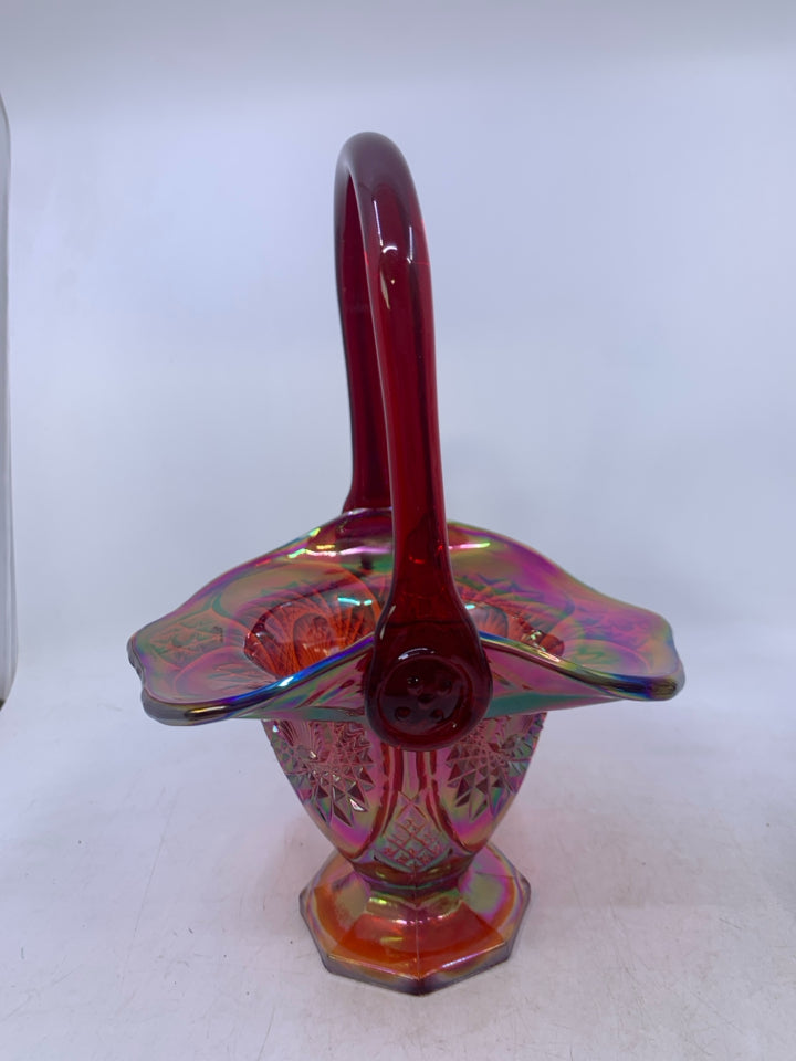 VTG INDIANA AMBERINA RED SUNSET CARNIVAL GLASS HEIRLOOM PATTERN BASKET.