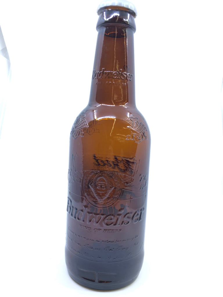 LARGE GLASS BUDWISER BEER BOTTLE BANK.