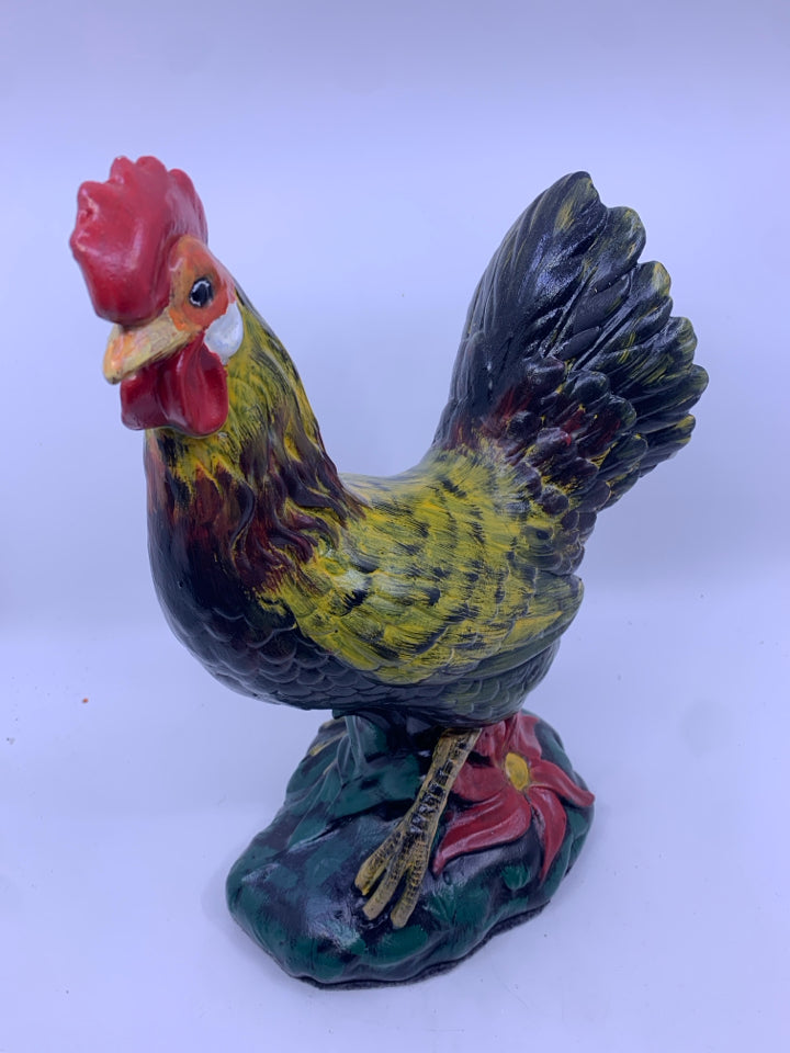 CERAMIC PAINTED ROOSTER W/ RED FLOWER.