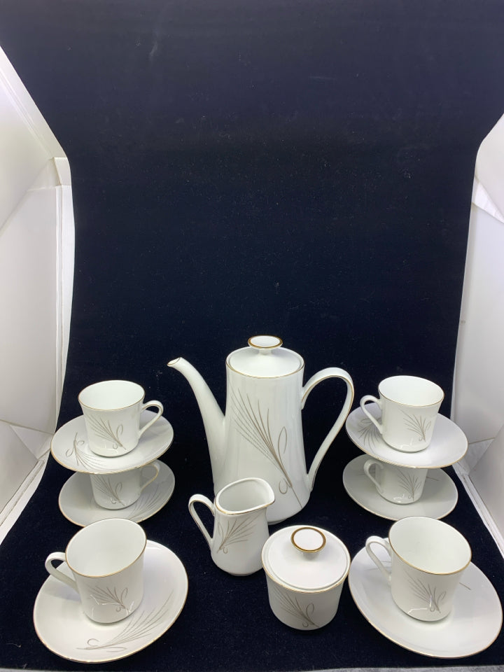 VTG WHITE TEA SET: TEAPOT, 6 CUPS/SAUCES, CREAMER + SUGAR-ESCHENBACH.