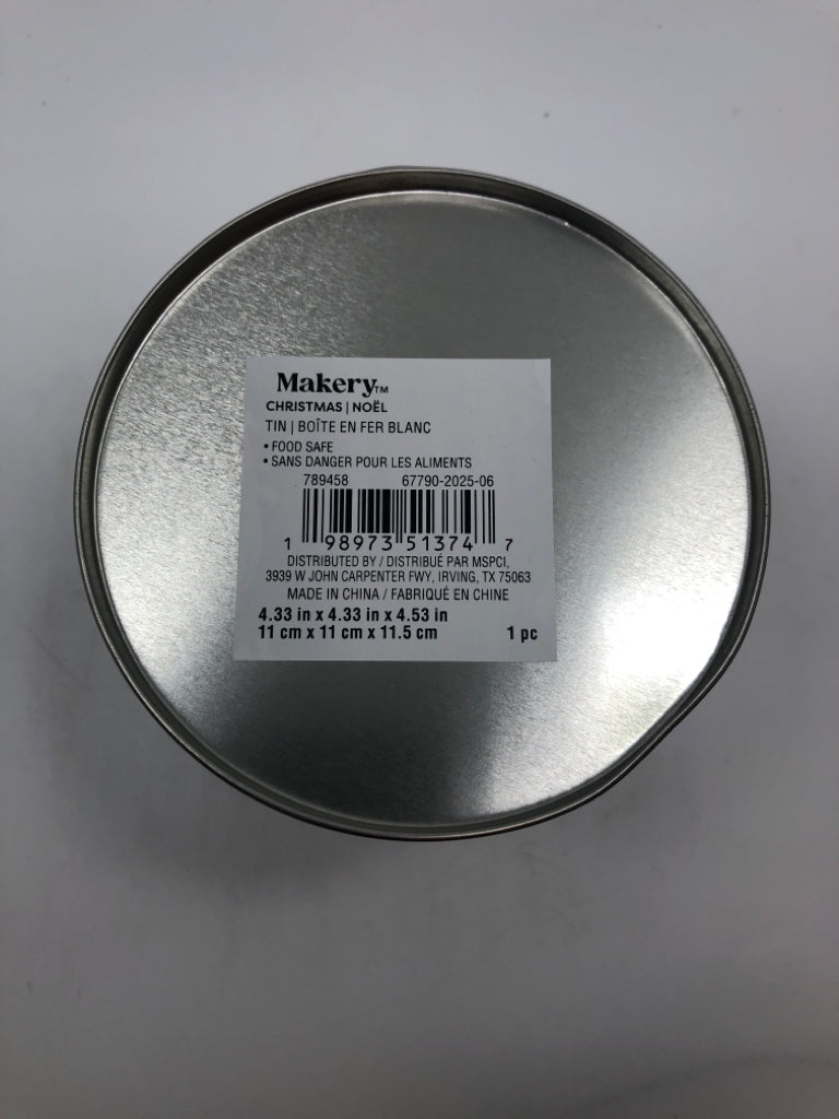 WHITE/GRAY SNOWFLAKE TIN CAN.