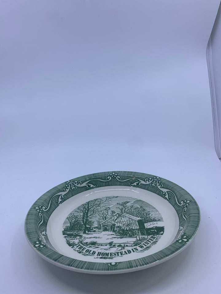 VTG GREEN THE OLD HOMESTEAD PIE PLATE.