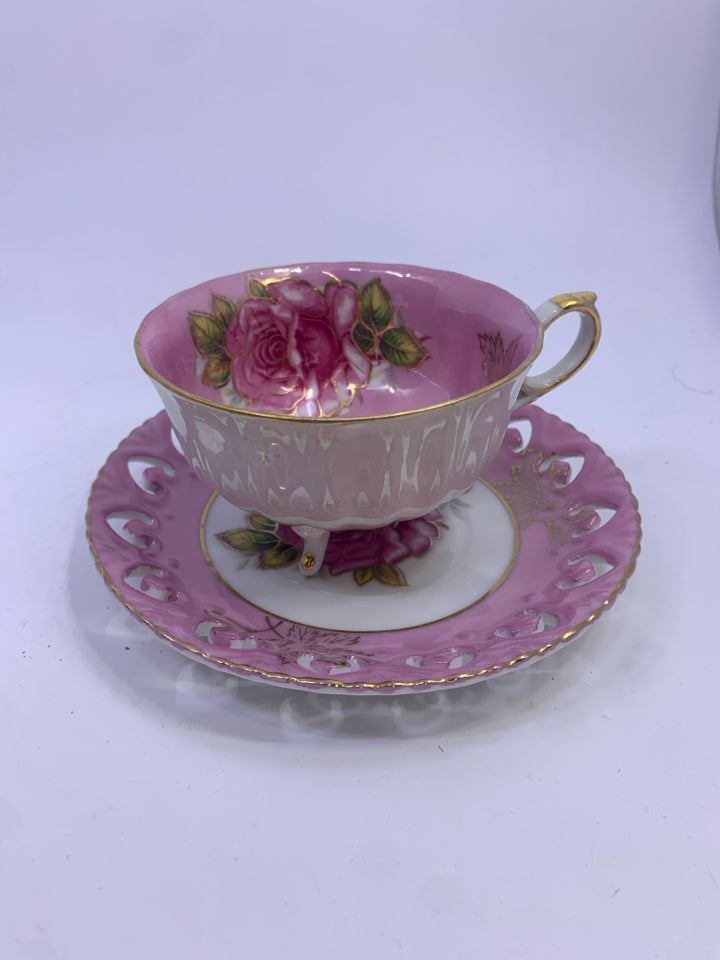VTG PINK ROSE W/GOLD LEAF DESIGN FOOTED TEA CUP & SAUCER-ROYAL HALSEY.