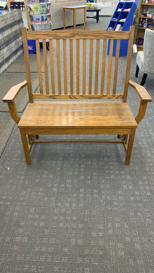 TALL BACK WOODEN BENCH.