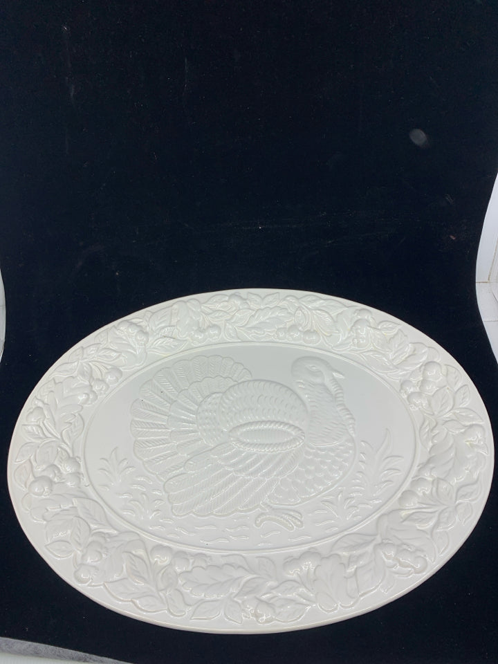 WHITE CERAMIC TURKEY PLATTER.