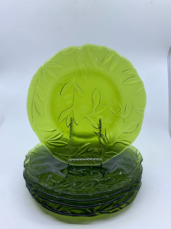 6 GREEN GLASS PLATES W SLIGHT TEXTURE.