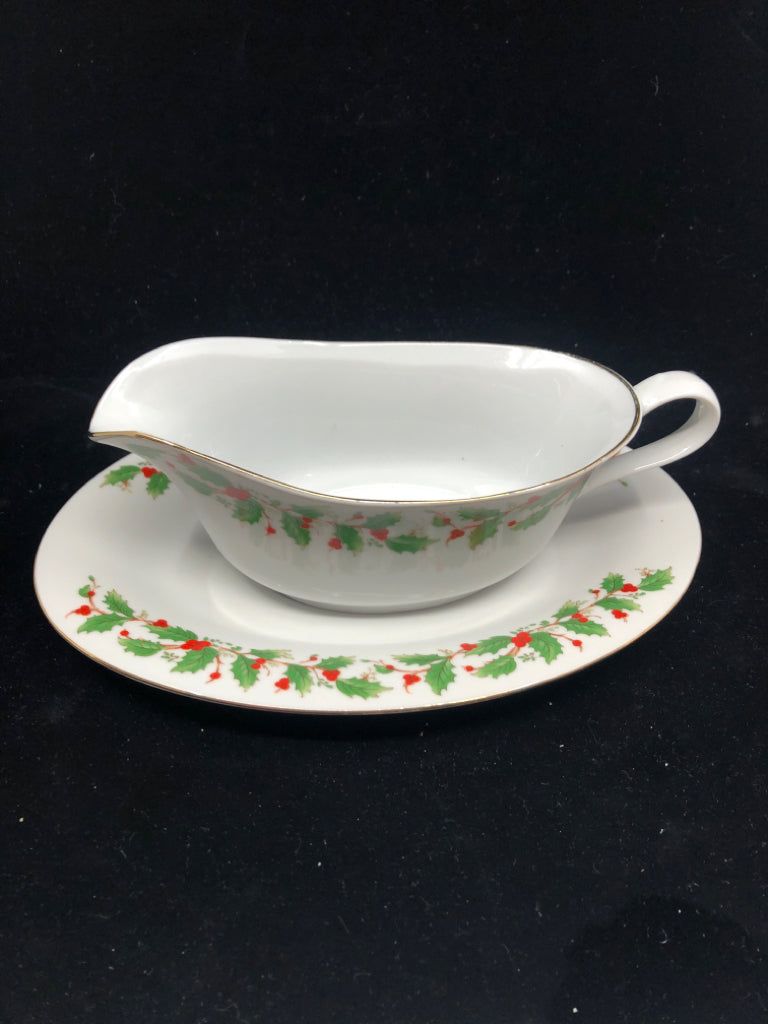 CHINA PEARL MISTLETOE GRAVY BOAT AND PLATE.