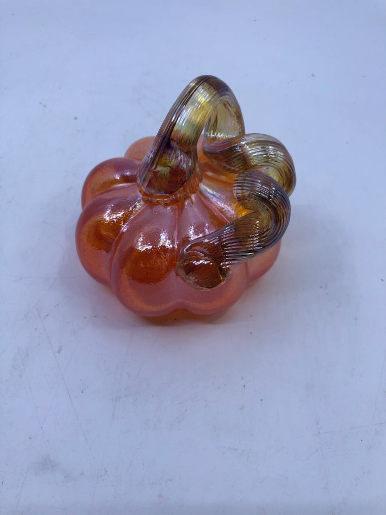 ORANGE IRIDESCENT BLOWN GLASS PUMPKIN.