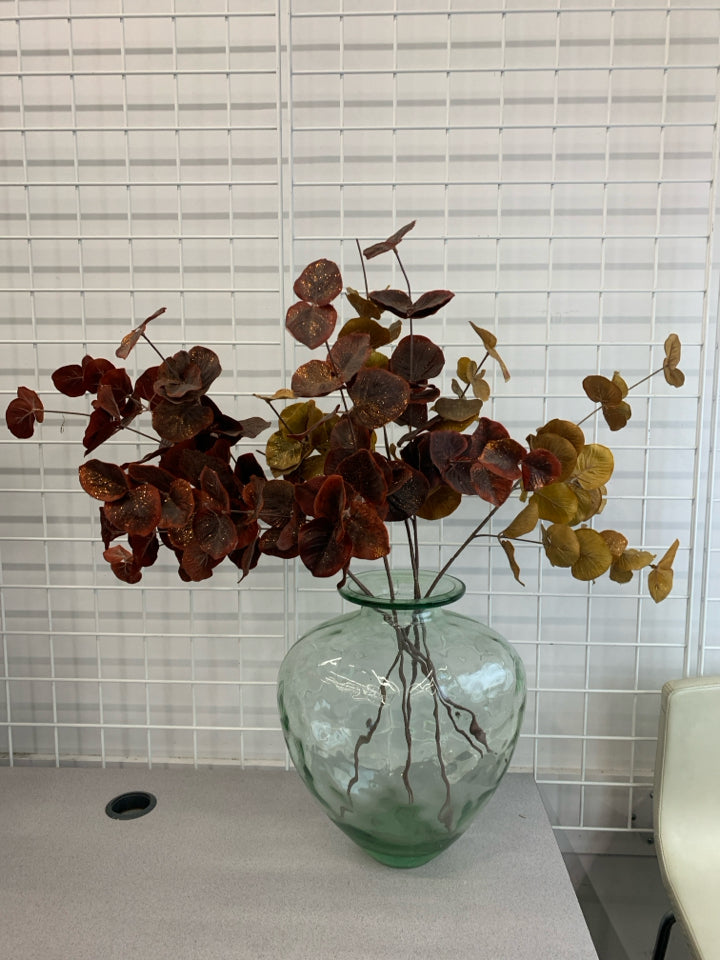 LG FLOOR VASE W GOLD/RED FROSTED PLANTS.