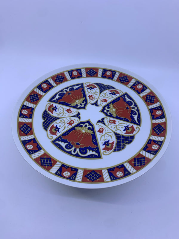 DERBYSHIRE FOOTED CAKE PLATTER W/ RED,WHITE,BLUE,GOLD PATTERNS/FLOWERS.