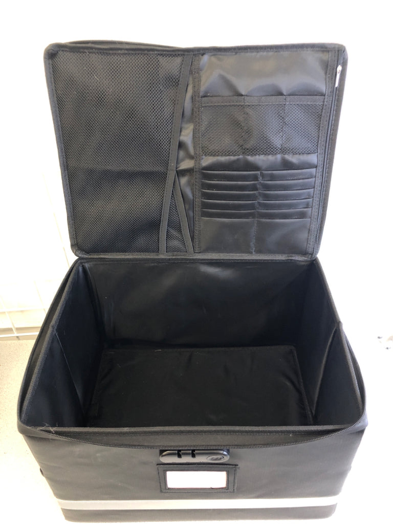 BLACK FILE BOX WITH ZIPPER AND COMBINATION LOCK.