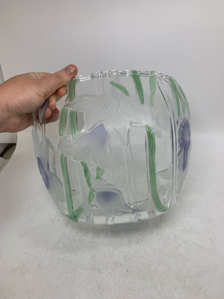 SQUARE GLASS SERVING BOWL W/ GREEN STEMS FROSTED BLUE FLOWERS.