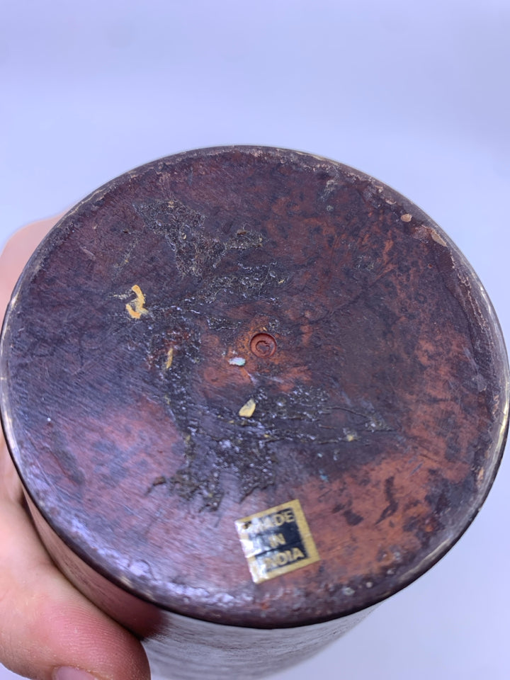 HEAVY METAL RUST COLORED VASE W/ TEXTURE TEAL BAND MADE IN INDIA.